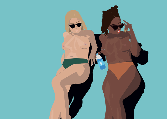 Illustration de deux femmes topless sur un fond orange
